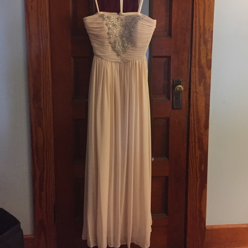 Marchesa blush colored full length beaded dress